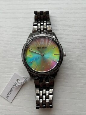 NWT Steve Madden Women's Rainbow Watch – Gunmetal Link Band, New Battery